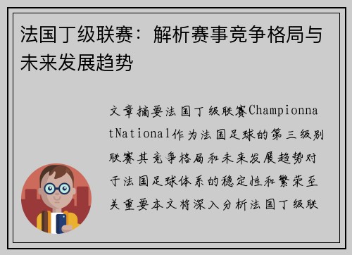 法国丁级联赛：解析赛事竞争格局与未来发展趋势