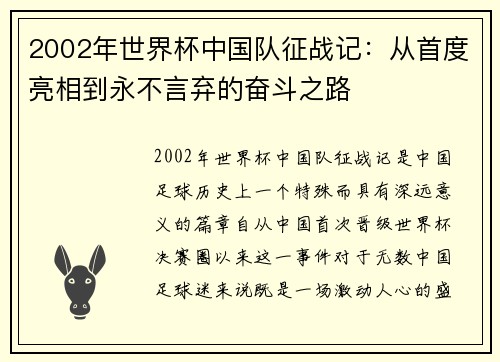 2002年世界杯中国队征战记：从首度亮相到永不言弃的奋斗之路