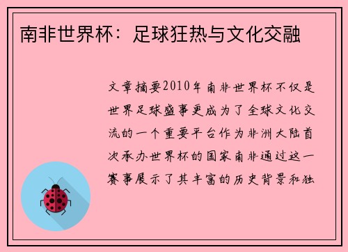 南非世界杯：足球狂热与文化交融
